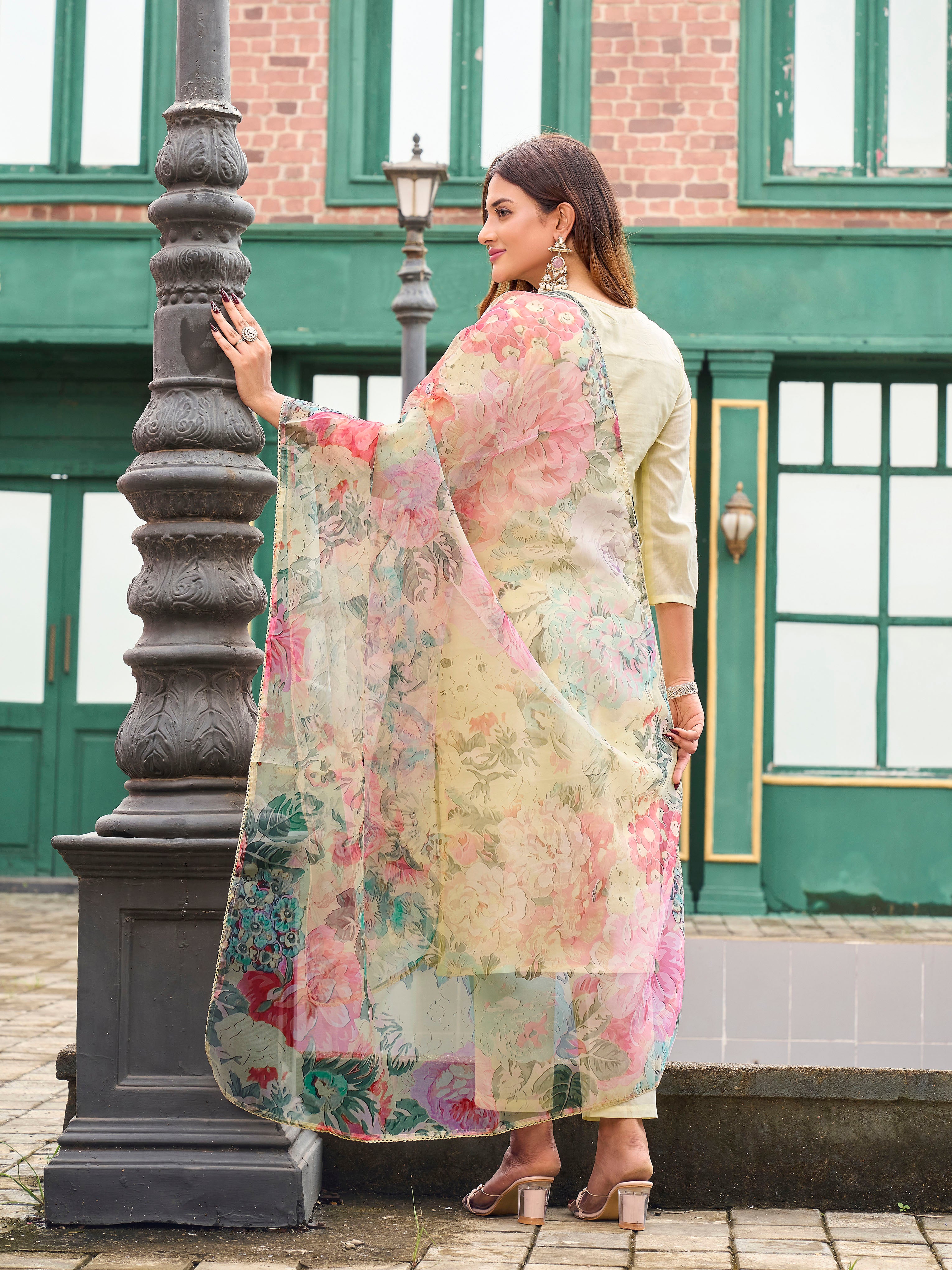 Yellow color pure cotton with thread embroidered kurta & trouser with printed dupatta set